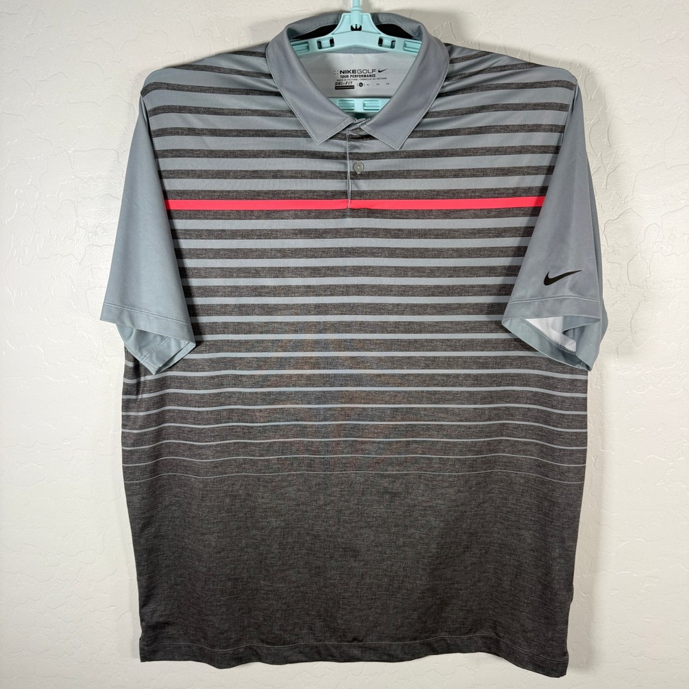 Nike Golf Polo Shirt Mens XL Gray Striped Dri-Fit Tour Performance Short Sleeve